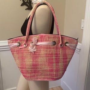 Straw weave tote beach bag pink and yellow